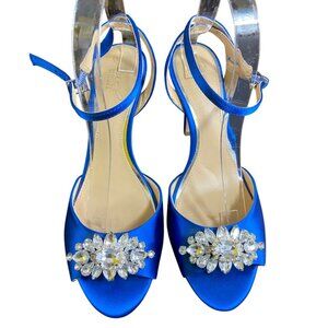 Jessa Jewel Badgley Mischka Peep Toe 9.5 Royal Blue Satin Crystal Heels Shoes